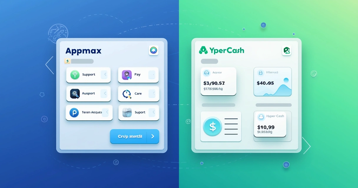 Duas plataformas lado a lado: Appmax e HyperCash, com elementos de fácil comparação 