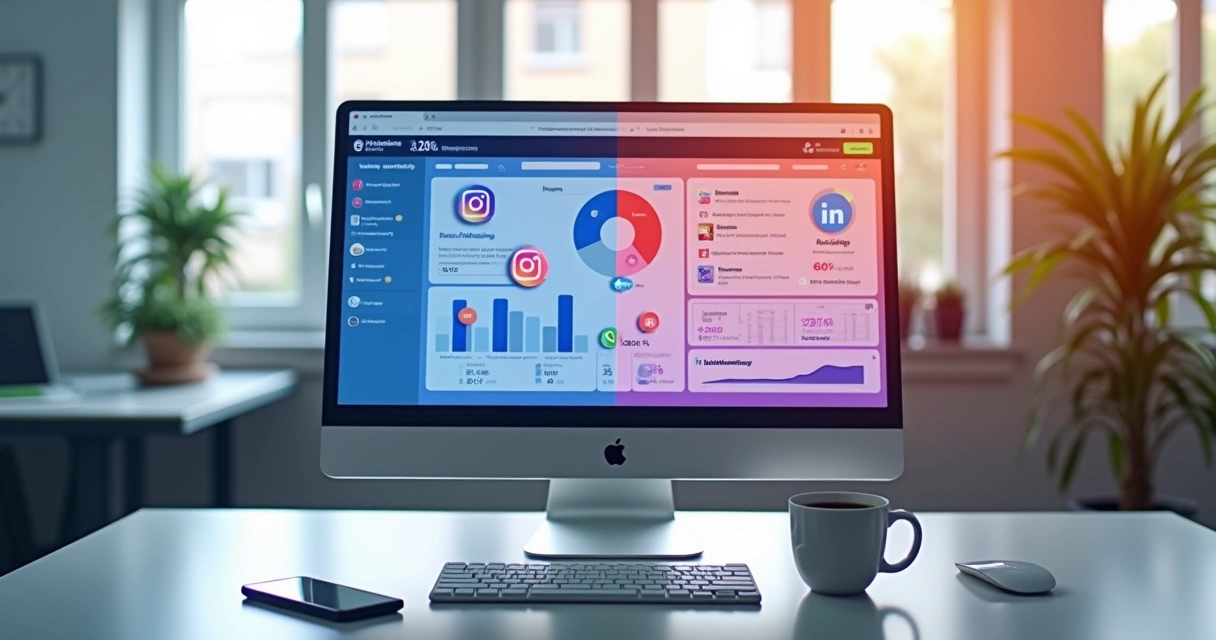 Computador exibindo tela dividida com dashboards do Hootsuite e mLabs, gráficos e ícones de redes sociais ao fundo 