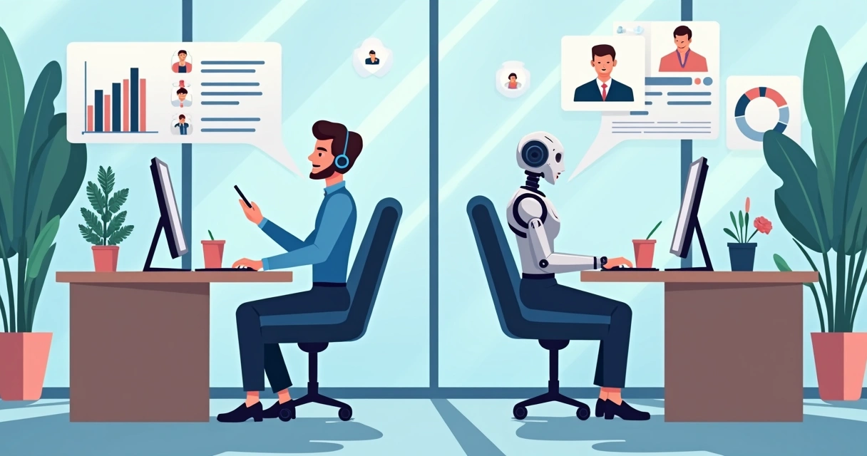 Ilustração de agente humano ao lado de robô em ambiente corporativo 