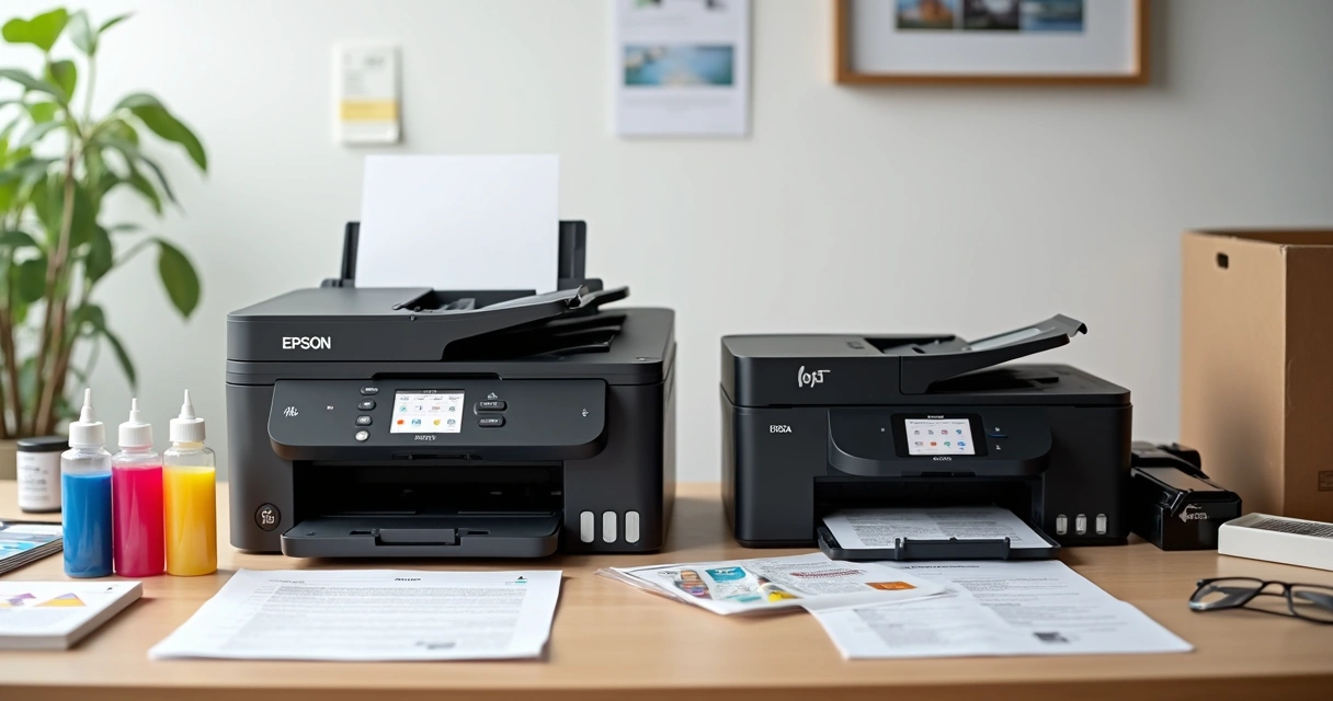 Impressoras tanque de tinta e laser lado a lado sobre uma mesa de escritório 
