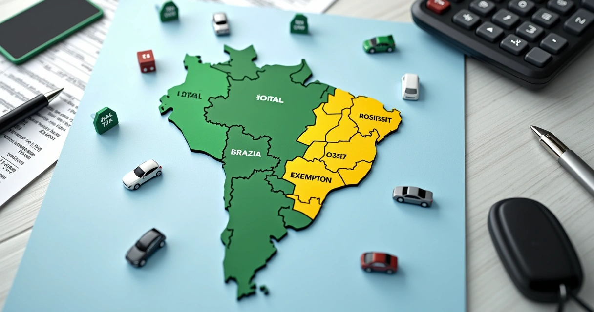 Mapa do Brasil com ícones de carros elétricos e percentuais de IPVA 