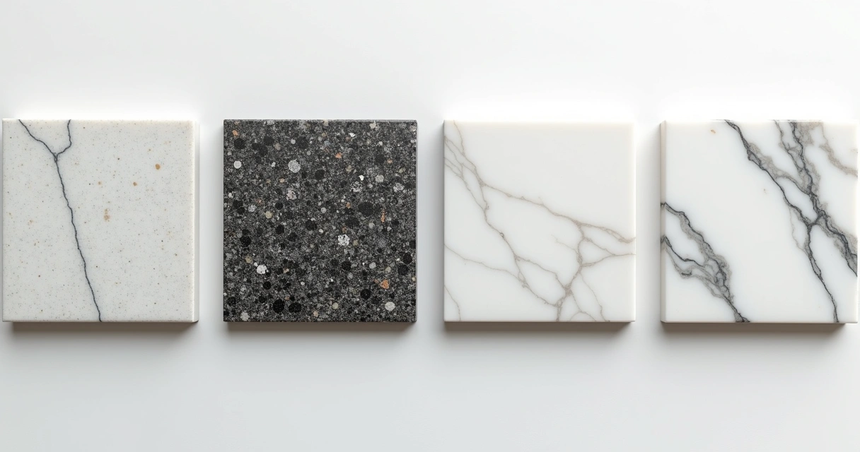 Amostras de quartzo, granito, mármore e porcelanato lado a lado 