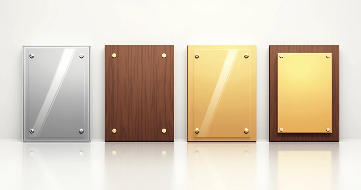 Comparação visual de placas de reconhecimento feitas em aço inox, acrílico, madeira e latão 