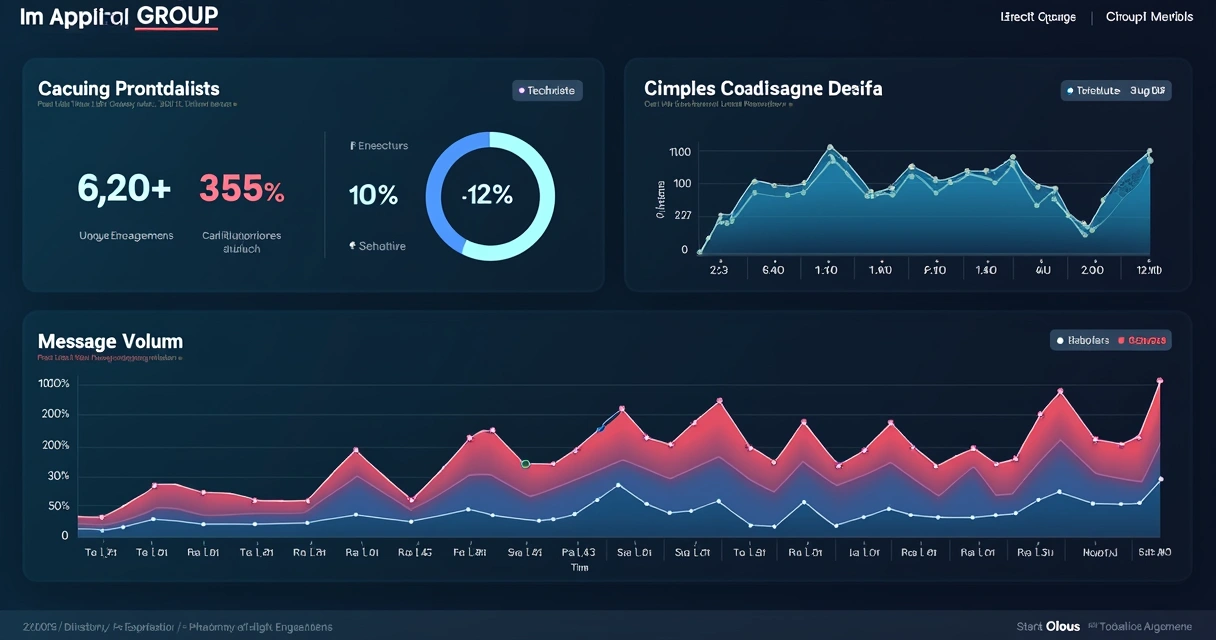 Dashboard com gráficos de engajamento, membros e mensagens por período em grupos WhatsApp 