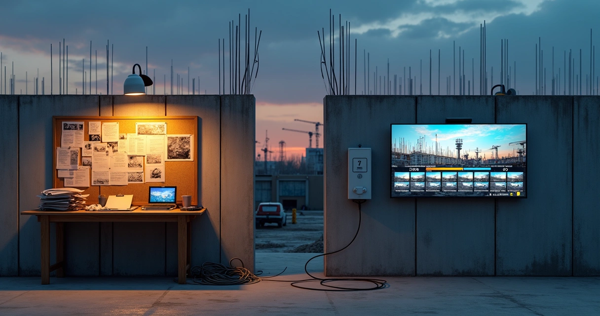 Comparação visual entre monitoramento tradicional e sistema time-lapse solar em canteiro de obras 
