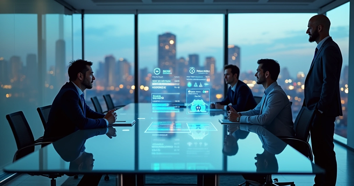 Painel holográfico comparando empresas de suporte técnico de TI em escritório moderno de São Paulo 