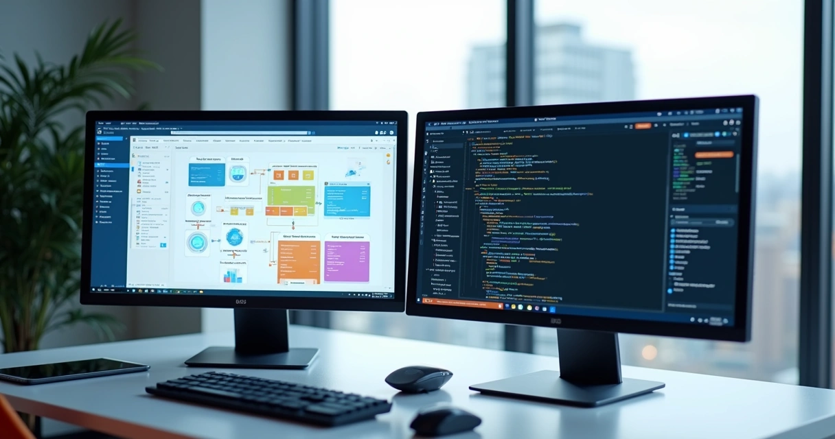Computadores com interfaces de programação no-code e low-code lado a lado em ambiente de trabalho digital moderno 