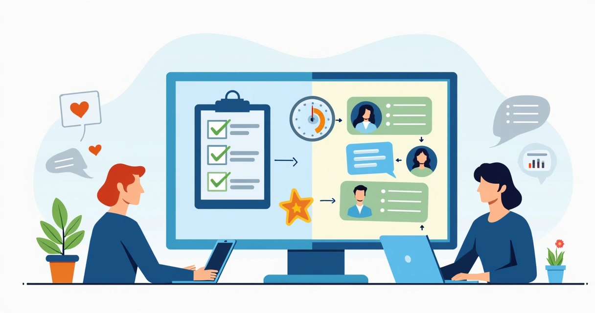 Ilustração plana corporativa mostrando comparação entre NPS operacional e NPS relacional com gráficos, pessoas e dispositivos digitais 