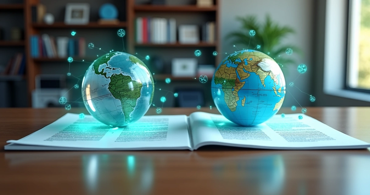 Ilustração comparativa entre a NR-1 e normas internacionais com gráficos, documentos e globos terrestres