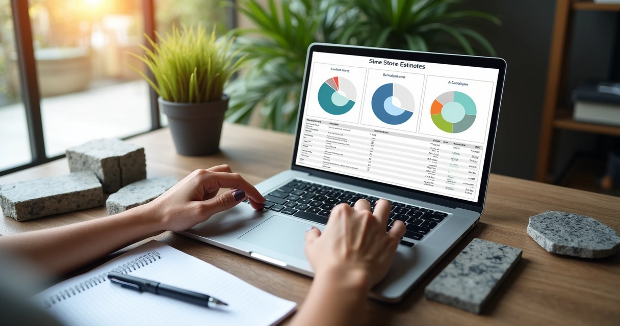 Pessoa comparando diferentes orçamentos digitais de pedras na tela do notebook 