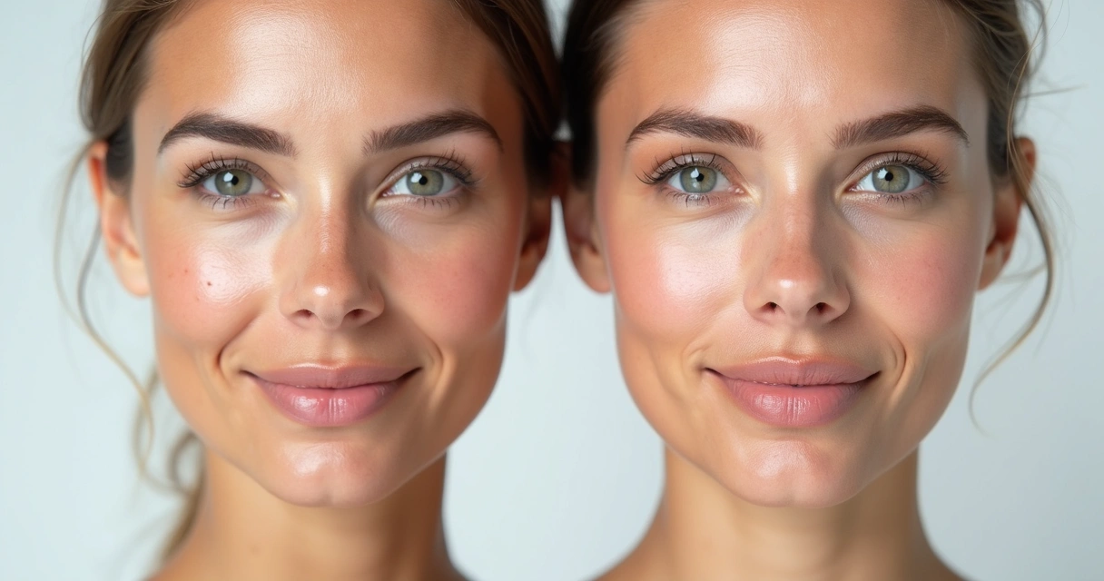 Comparativo de pele tratada antes e depois, fotos lado a lado 