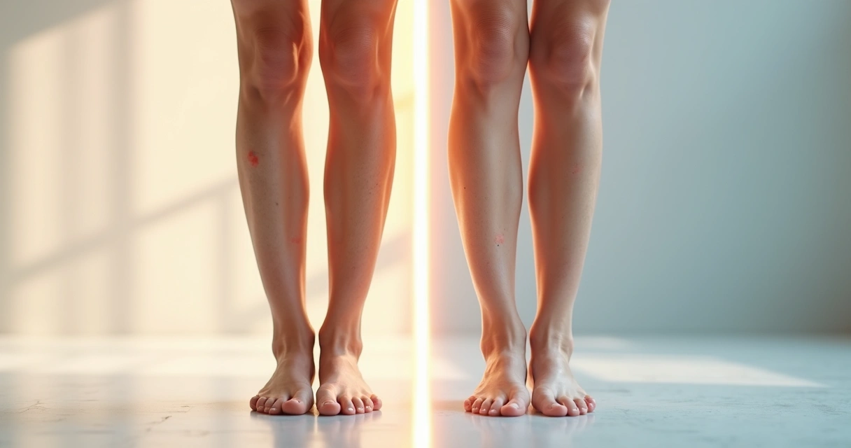 Comparação entre pernas com vasinhos e pernas tratadas em fundo claro minimalista 