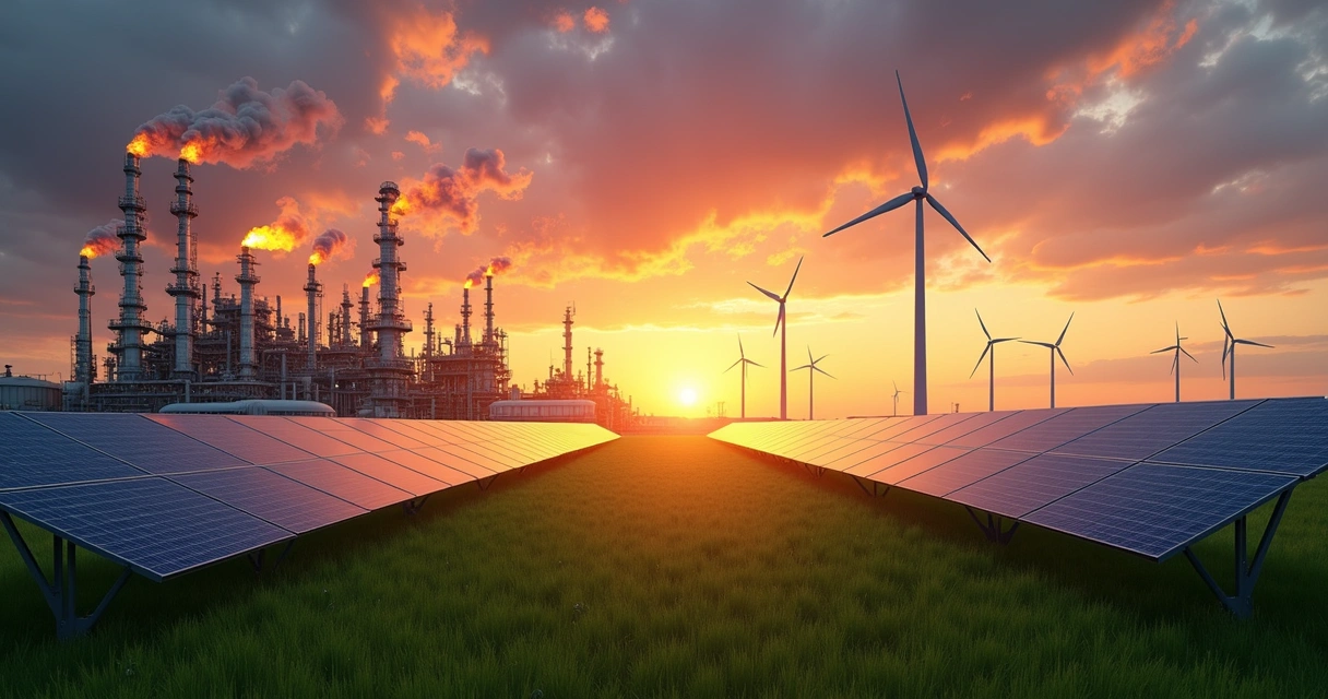 Vista panorâmica de uma refinaria de petróleo ao lado de campos de painéis solares e turbinas eólicas ao pôr do sol 