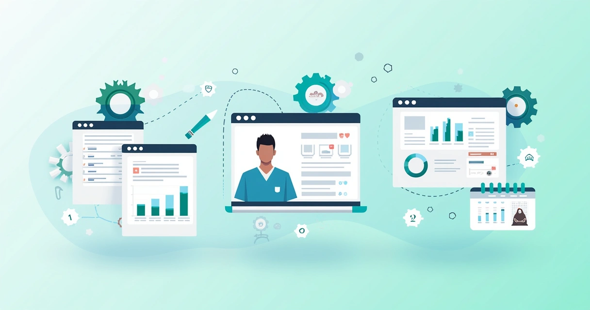 Ilustração corporativa mostrando três métodos de gestão de clientes: planilha, software CRM e software veterinário com ícones representativos e conexão integrada 