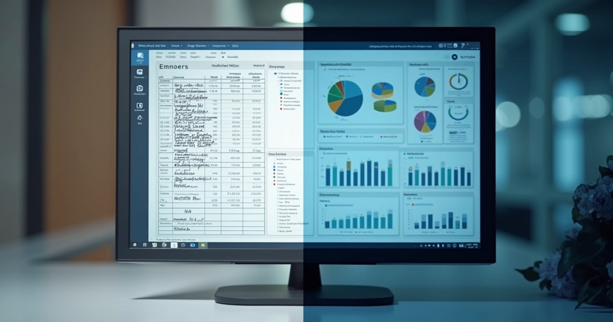 Quadro dividido mostrando de um lado planilha simples e do outro sistema ERP 