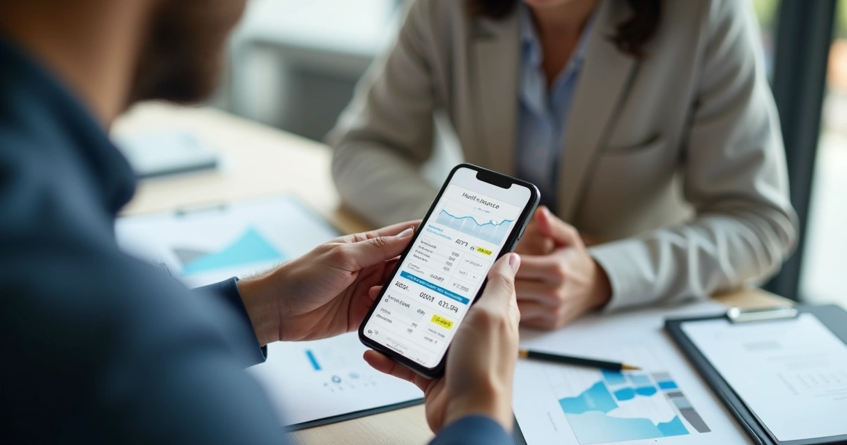 Consultor comparando planos de saúde no celular com cliente 