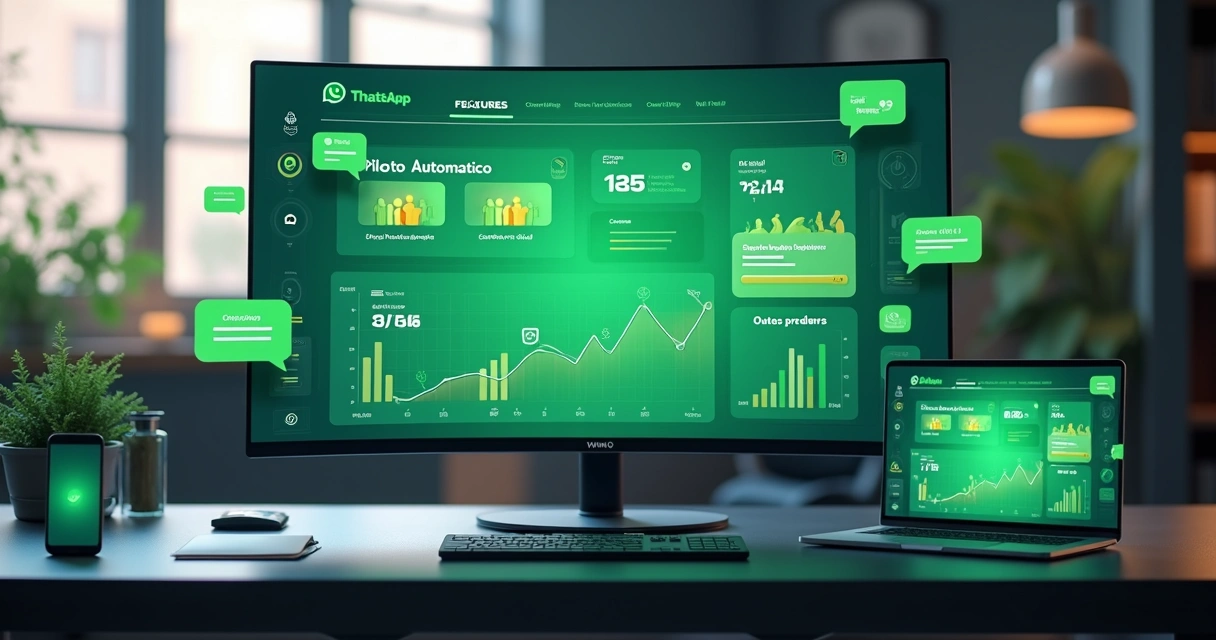 Painel comparando plataformas oficiais de automação WhatsApp com gráficos e ícones de mensagens 