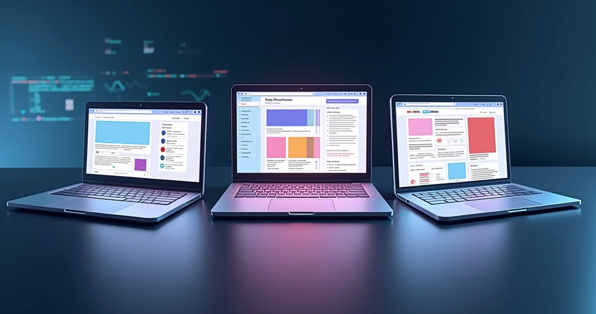 Comparativo visual entre WordPress, Medium e Wix em computadores lado a lado