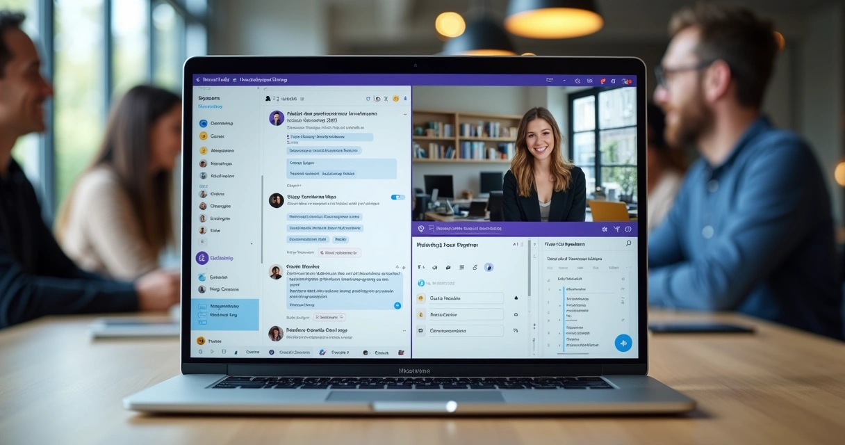 Tela dividida mostrando interfaces do Slack e Teams lado a lado em um escritório moderno 