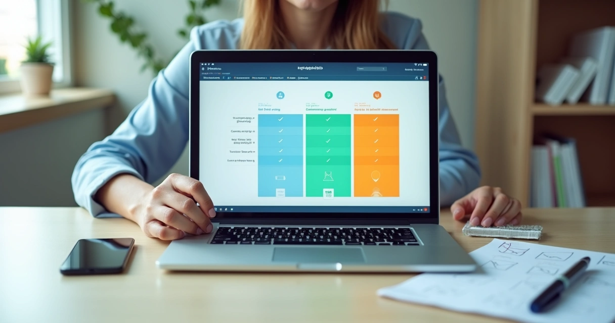 Empreendedor avaliando comparativo de três plataformas de e-commerce na tela do notebook 