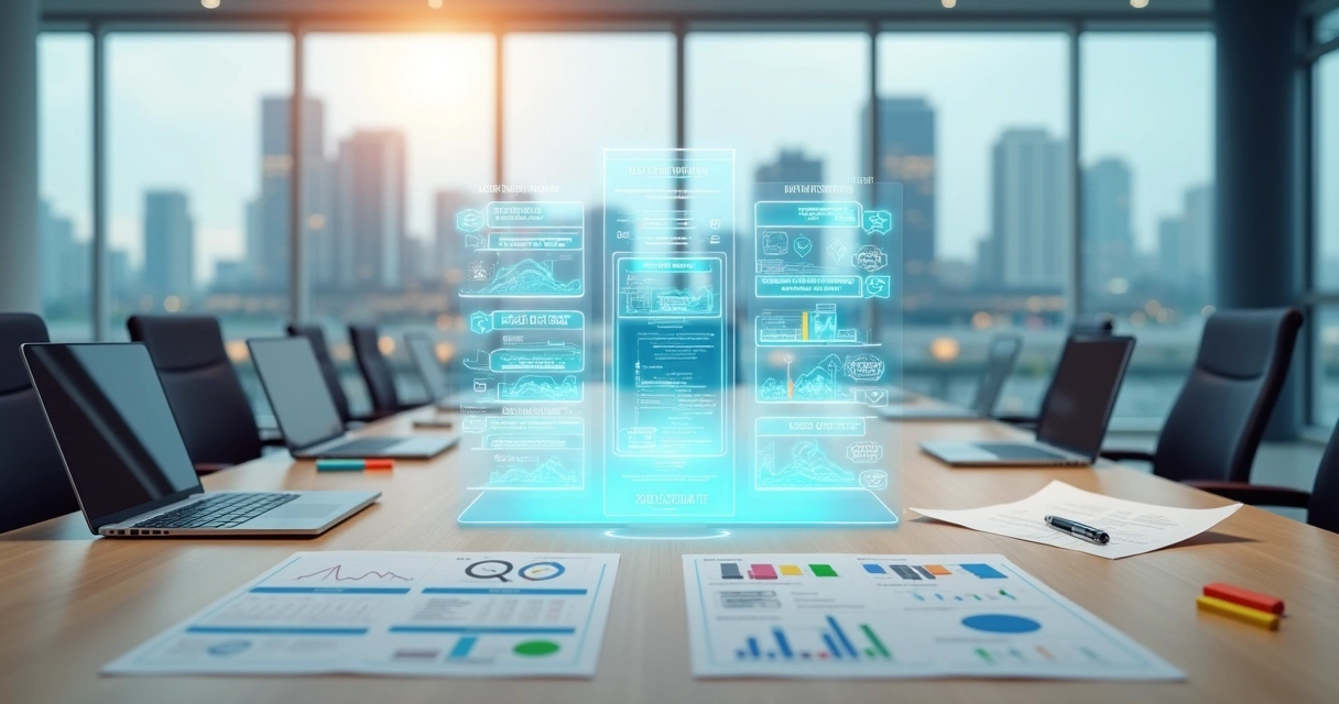 Mesa com painéis digitais comparando plataformas de roteirização corporativa 