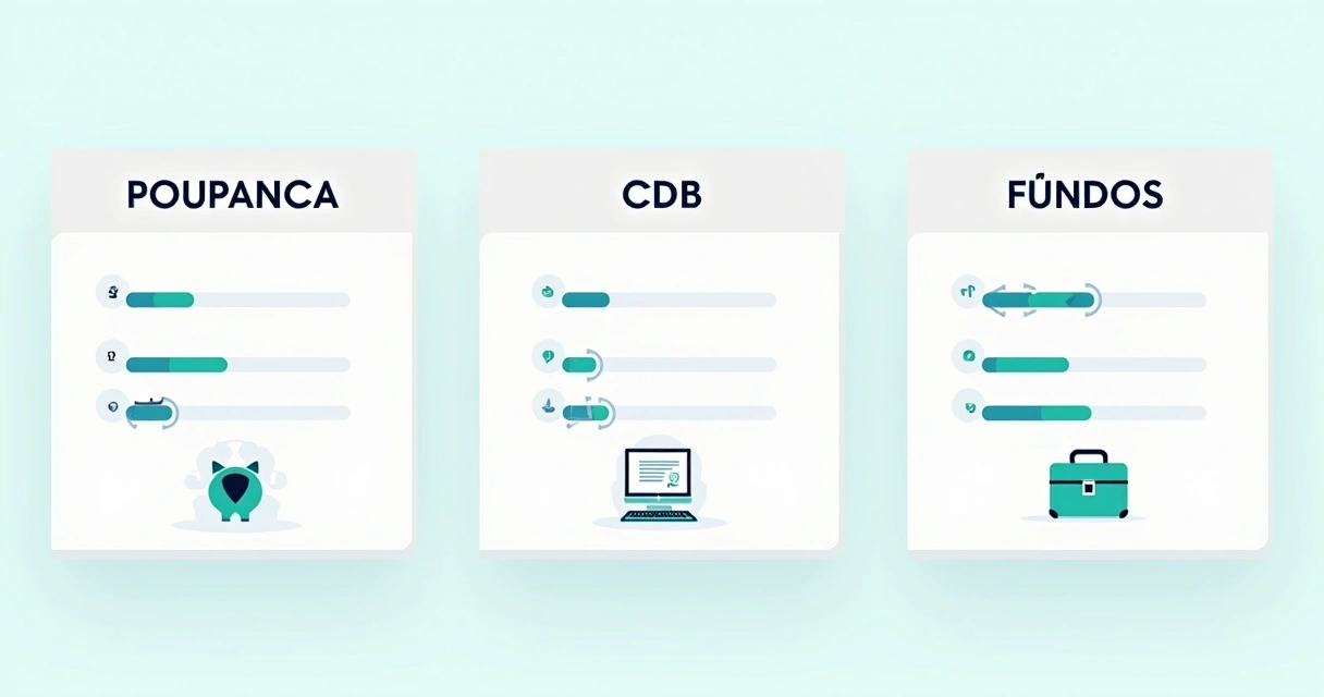 Painel com três colunas: poupança, cdb e fundos, cada uma com símbolos e números de rendimento e segurança 
