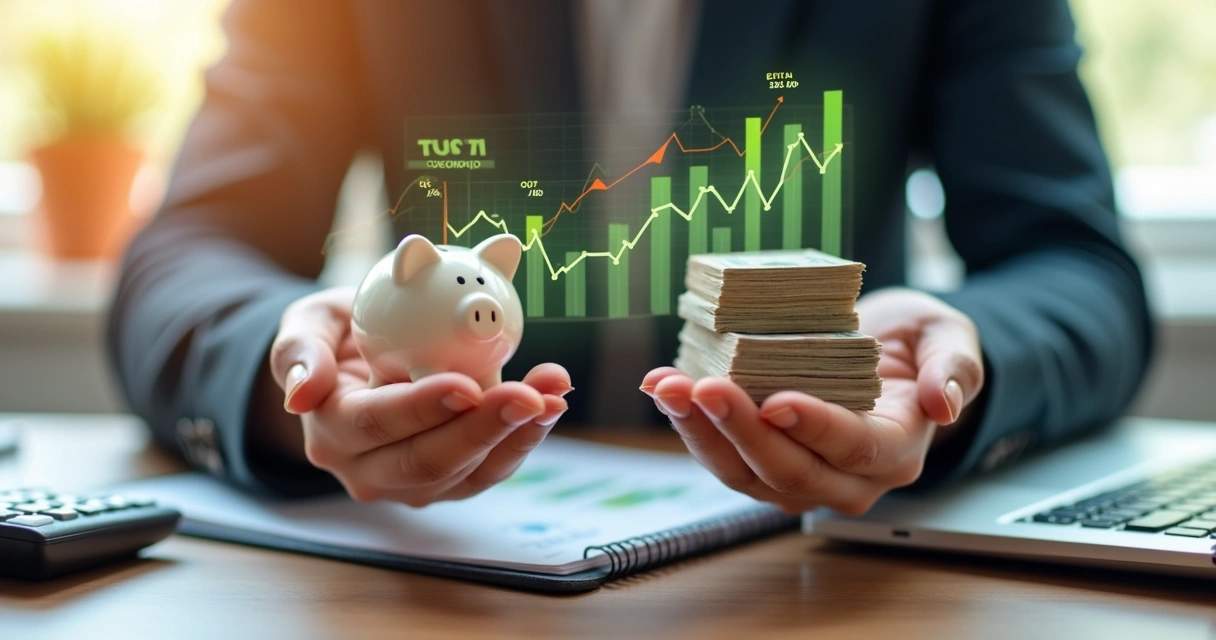 Comparação entre moedas e gráficos financeiros representando escolhas entre poupança e Tesouro Direto 