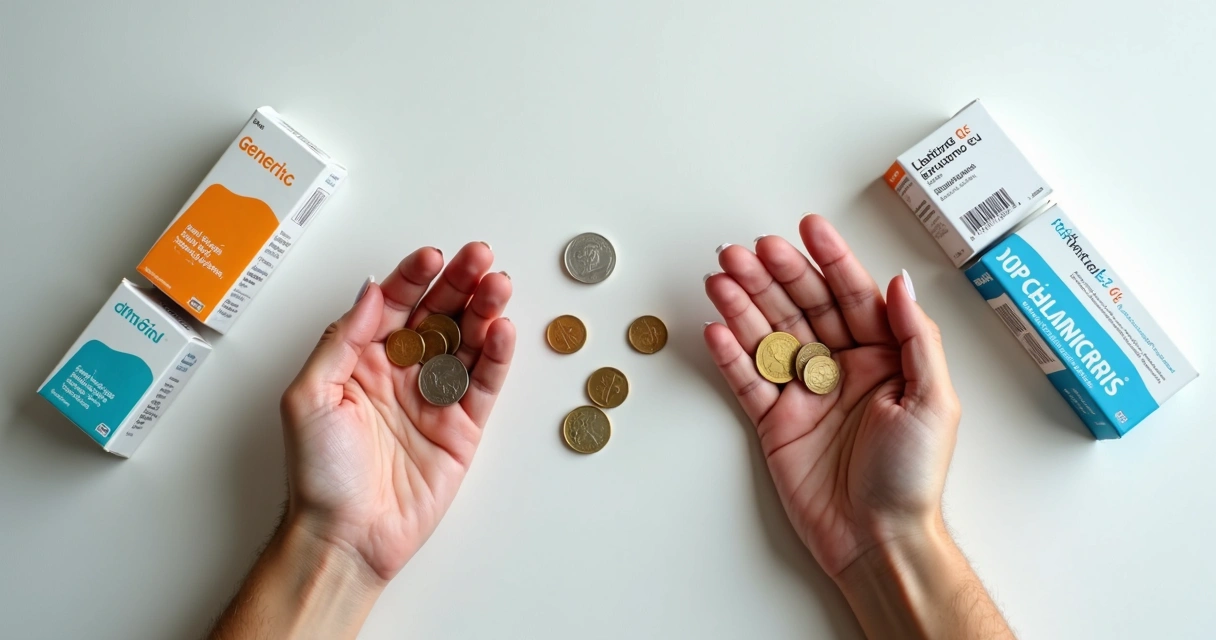 Mãos mostrando moedas ao lado de caixas de remédios 