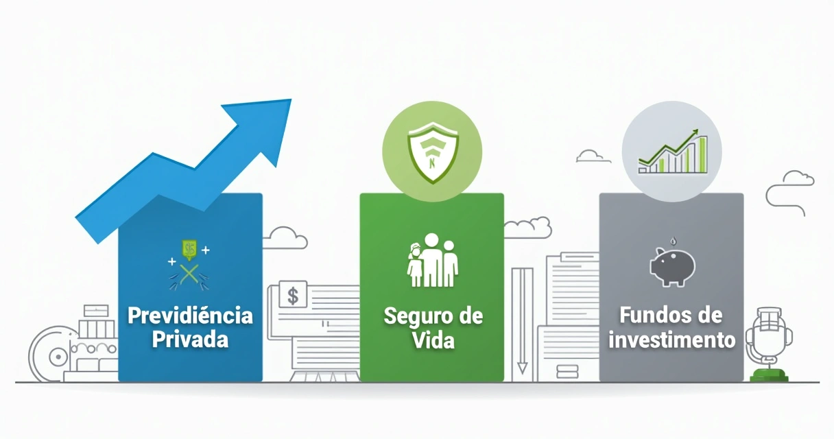 Gráfico visual comparando previdência privada, seguro e fundo de investimento 