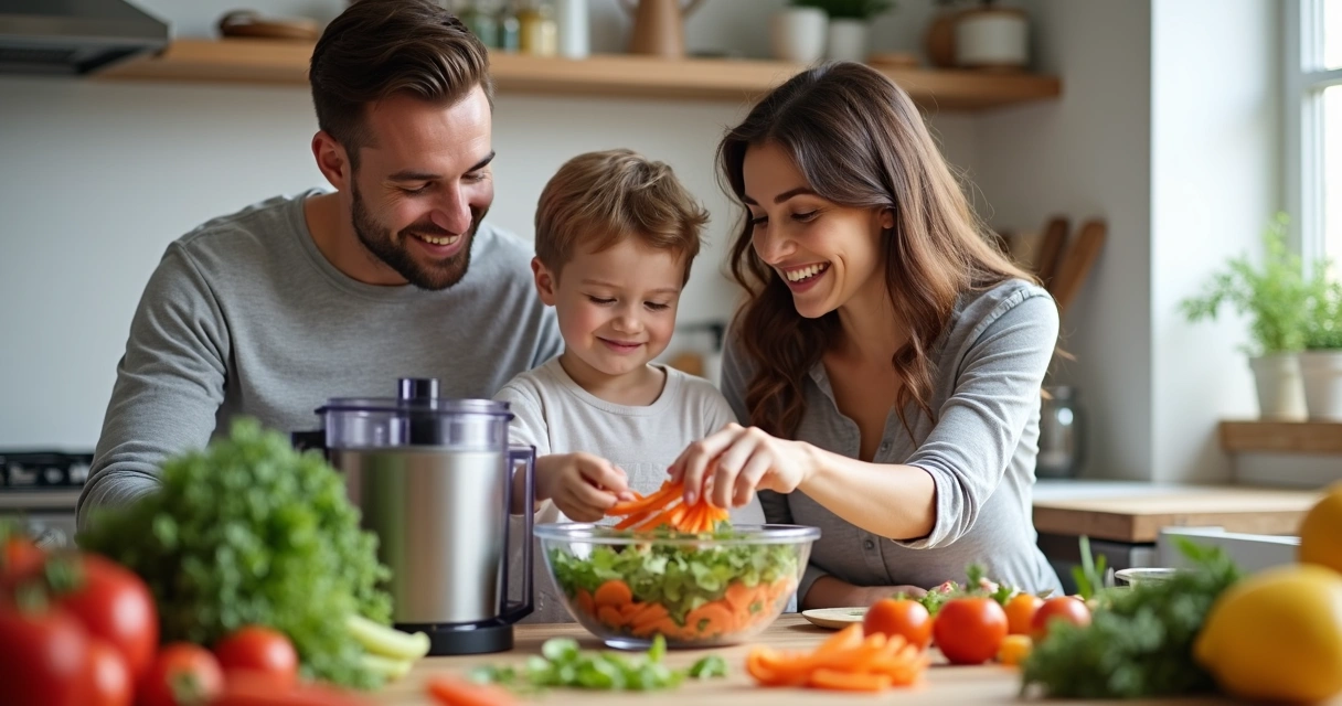 Família usando processador de alimentos na cozinha ao preparar salada 