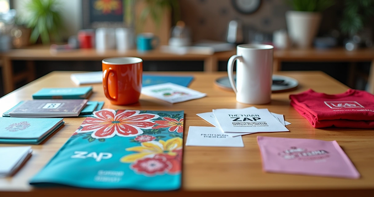 Mesa dividida ao meio exibindo produtos impressos da Zap Gráfica e brindes personalizados da Futura In