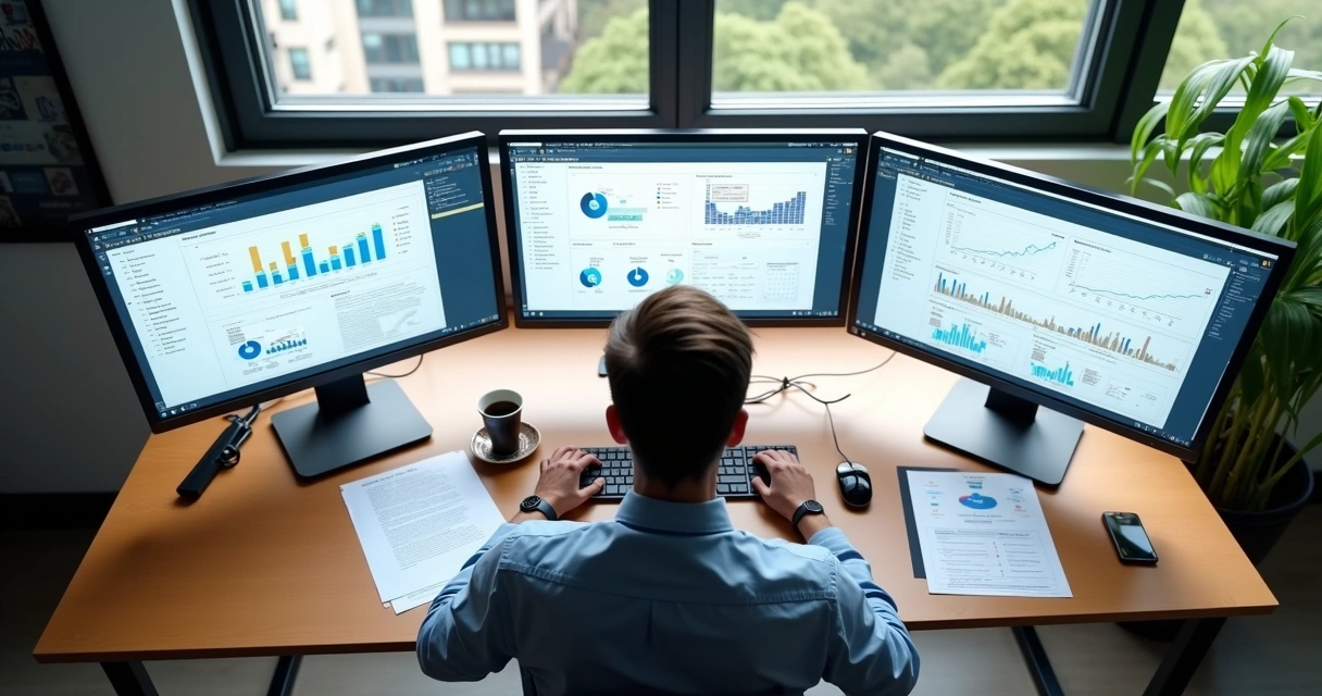 Gestor de TI analisando sistemas ERP em três monitores 