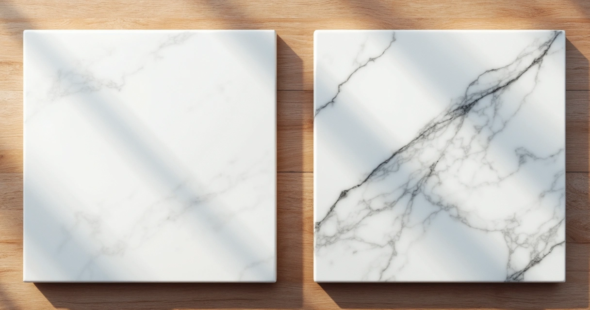 Superfície de quartzo branco ao lado de mármore branco, mostrando diferenças visuais nas texturas 