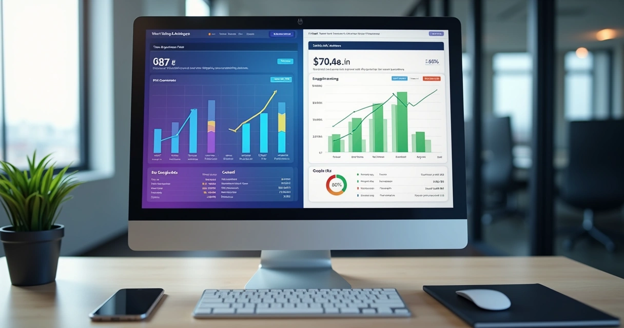 Tela de computador mostrando análise comparativa de campanhas em redes sociais e Google Ads com gráficos e estatísticas detalhadas