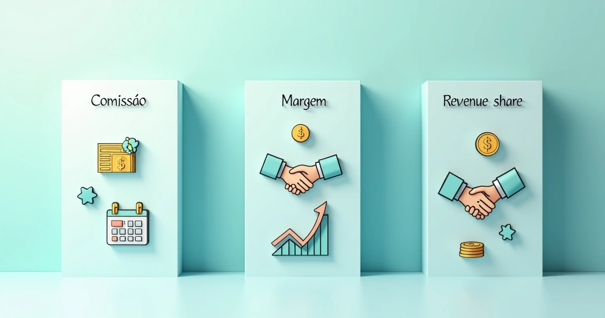 Revenue share vs margem vs comissão: qual escolher por tipo de parceiro Comparação visual de modelos de comissão, margem e revenue share