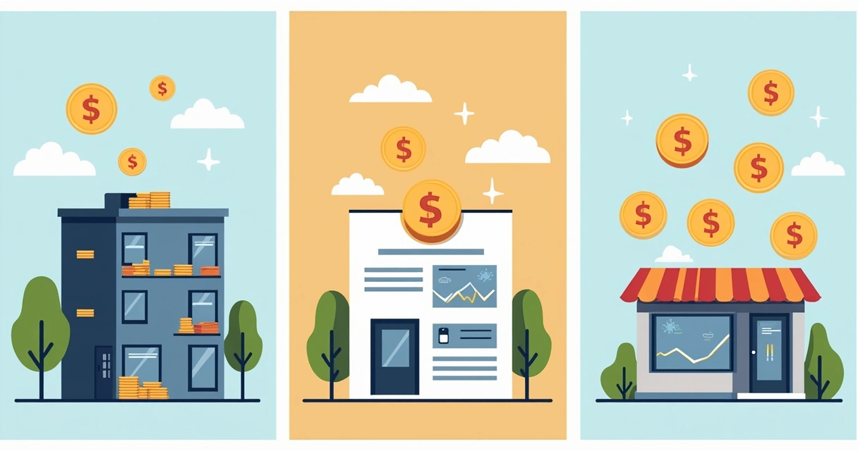 Três quadros comparando rendimento de aluguel, ações e infoprodutos