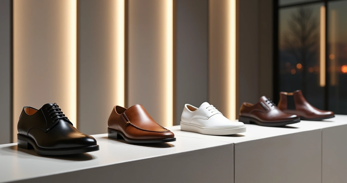 Vitrine minimalista com diferentes estilos de sapatos masculinos alinhados 