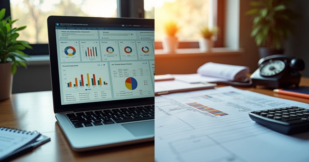 Comparação visual entre gestão imobiliária digital e processos manuais em escritório 