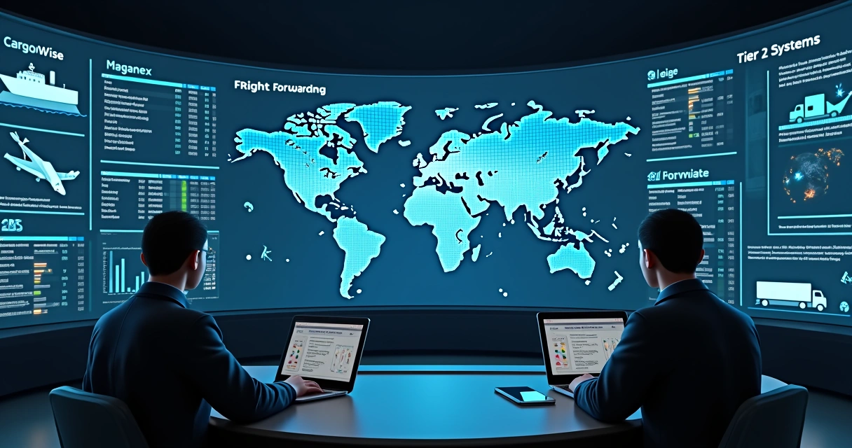 Painel 3D com comparação de softwares para agentes de carga e NVOCC 
