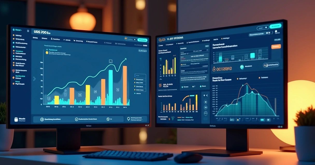 Comparação de sistemas financeiros em duas telas lado a lado 