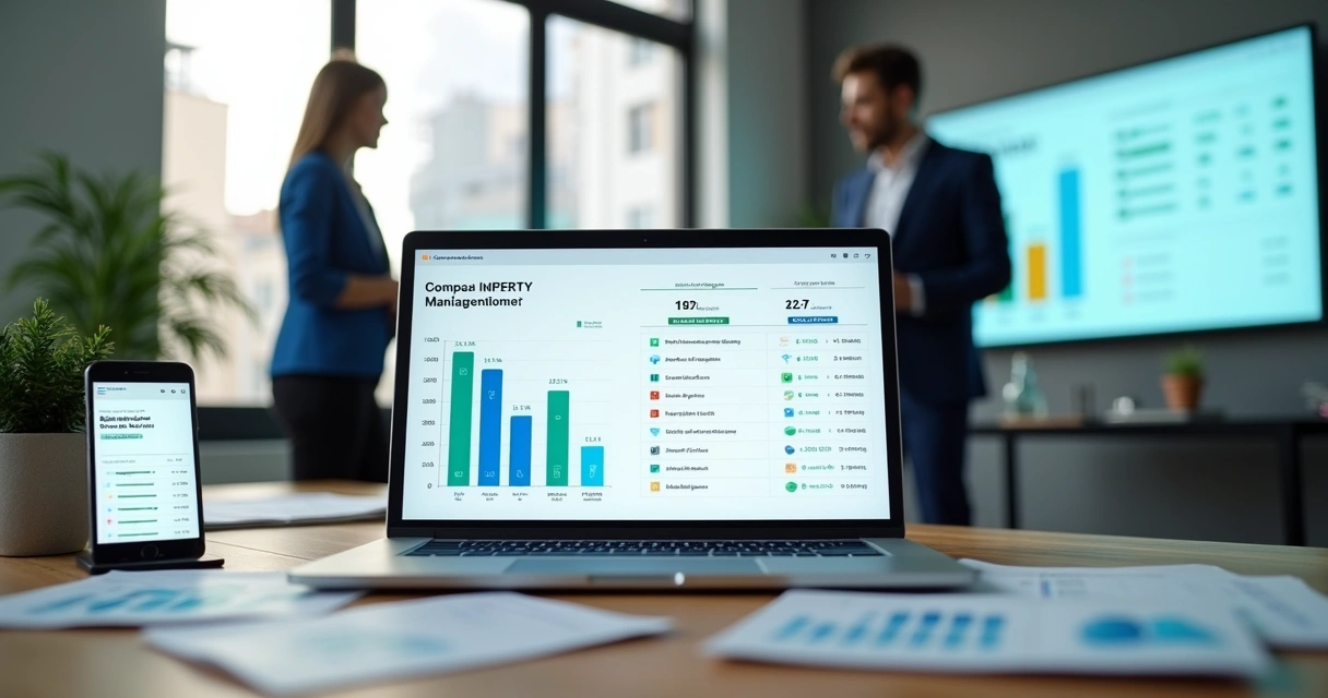 Painel com comparativo de sistemas de gestão de aluguéis em tela de notebook 