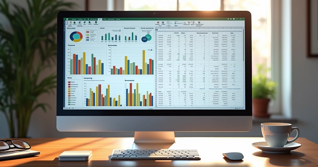 Tela de computador dividida mostrando plataforma de relatórios financeiros à esquerda e planilha eletrônica à direita 