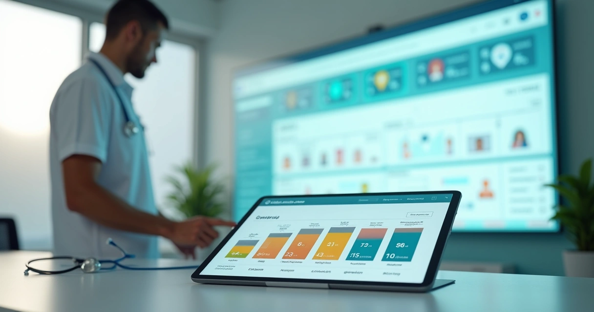 Profissional de saúde avaliando no tablet comparativo de softwares de gestão de clínica em painel digital 