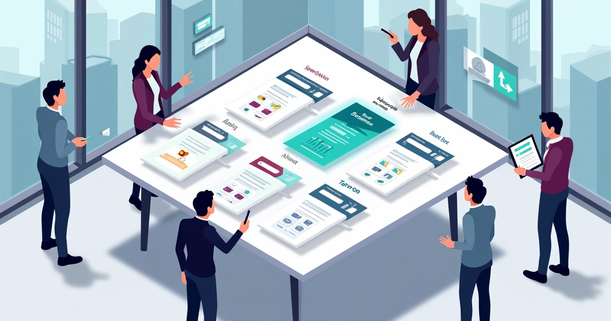 Ilustração comparando softwares de gestão condominial em 2026 em uma grande mesa digital 