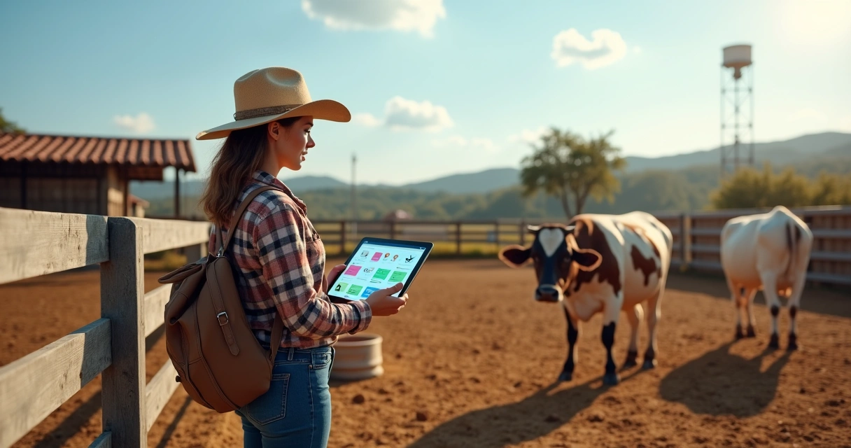 Produtora rural usando tablet com painel de softwares leiteiros ao lado de vaca no curral seco 