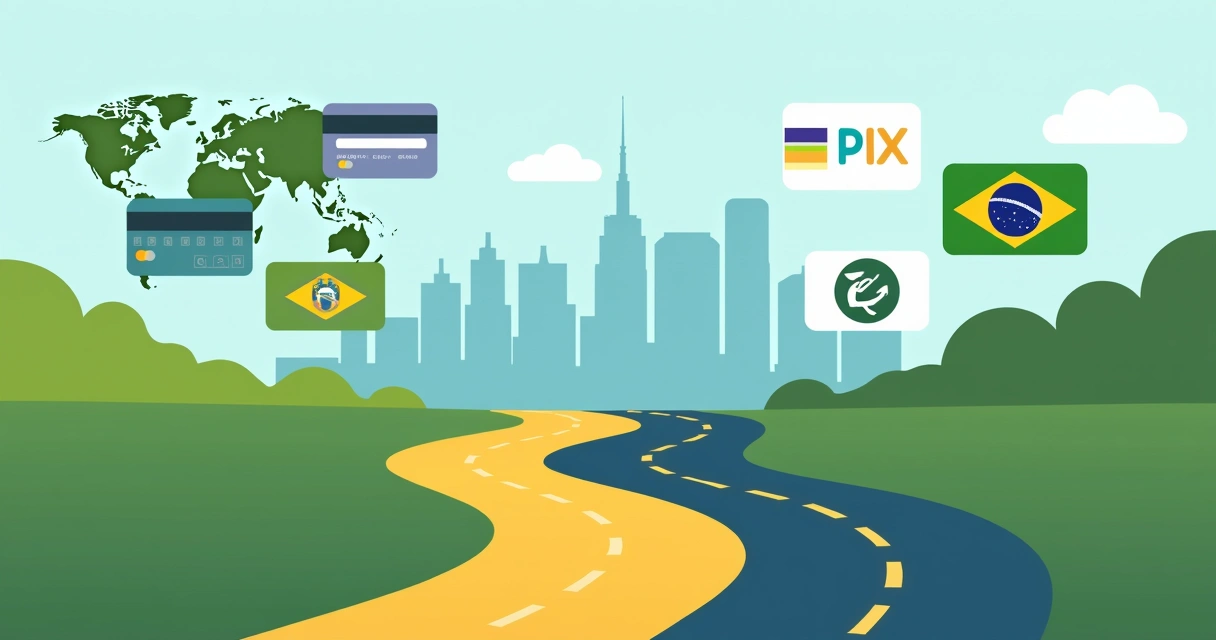 Dois caminhos diferentes com ícones representando soluções de pagamento nacionais e gringas 