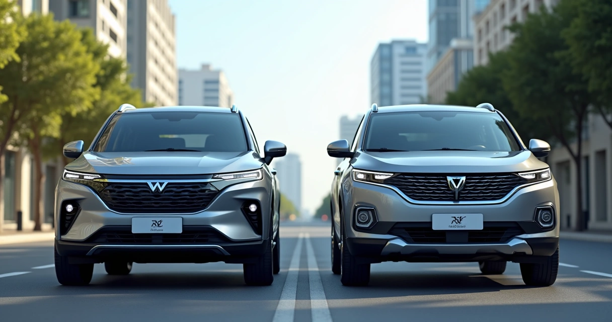Dois SUVs híbridos plug-in lado a lado em estrada urbana com céu claro e paisagem ao fundo 