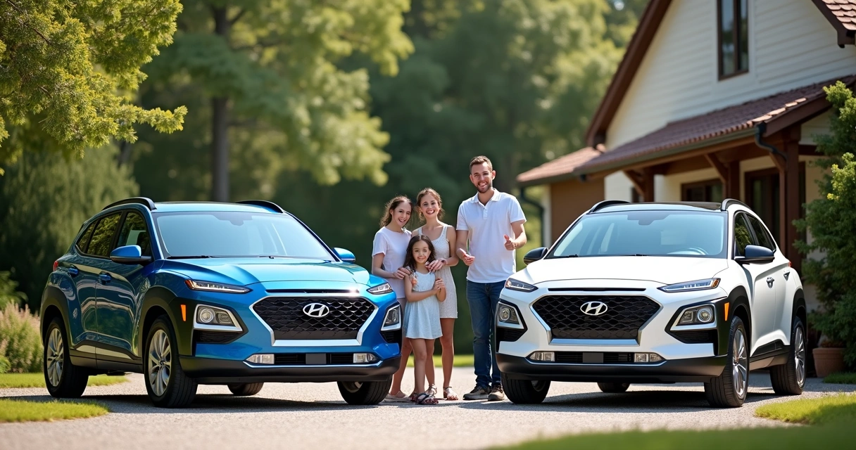 Família avaliando dois SUVs híbridos lado a lado