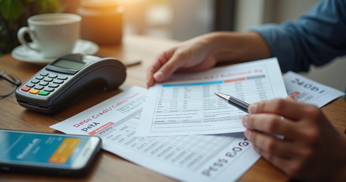 Folha de papel com tabela mostrando diferentes taxas, ao lado de maquininhas e celular 