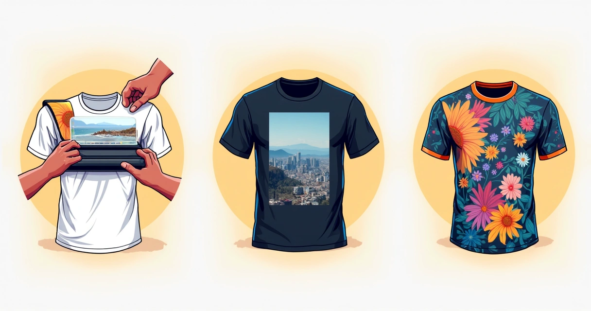 Silk screen, DTF e sublimação lado a lado em camisetas branca e preta